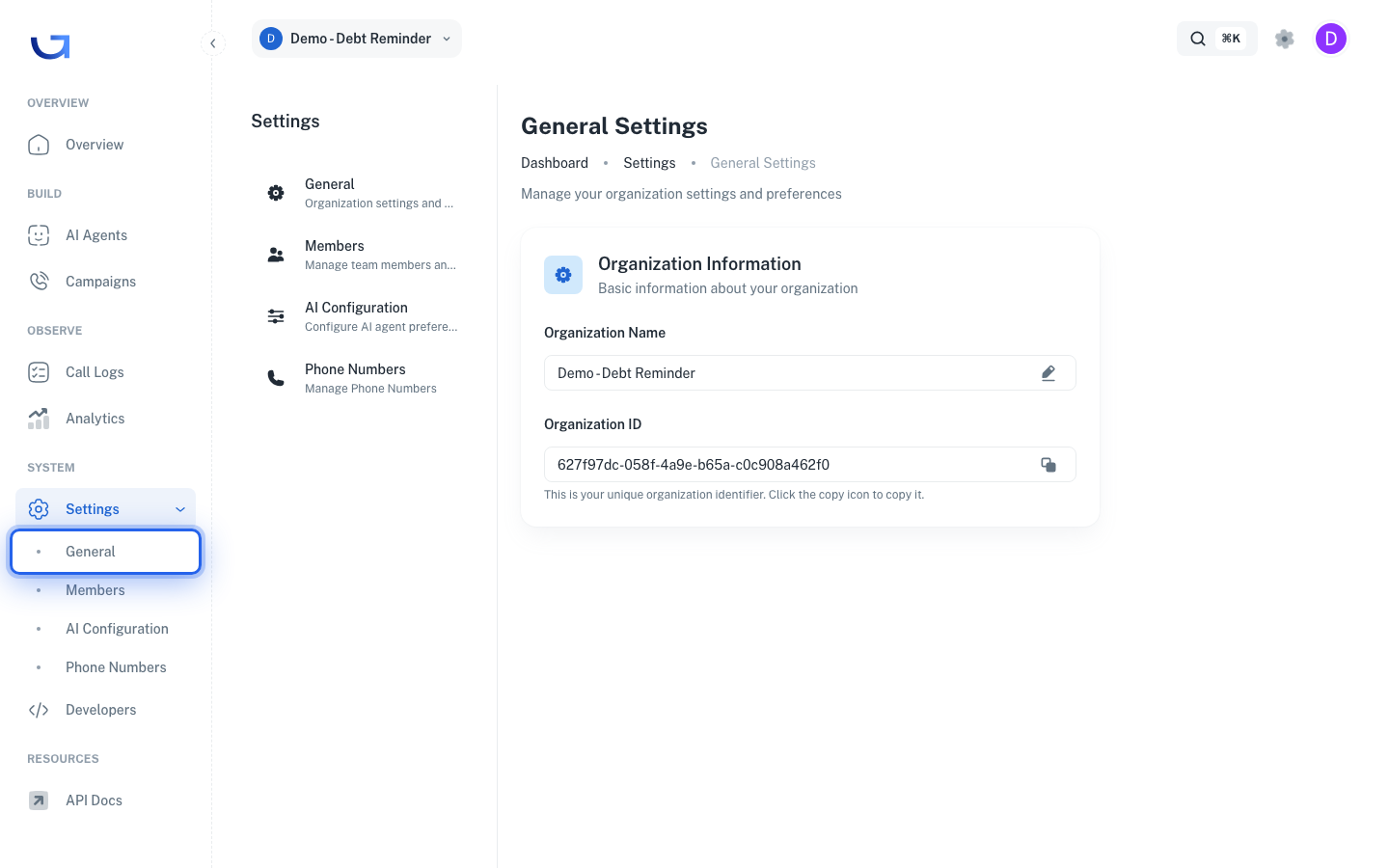 Settings General tab