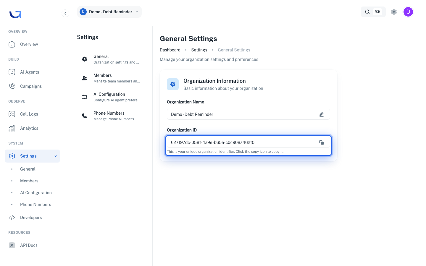 Organization ID for API reference