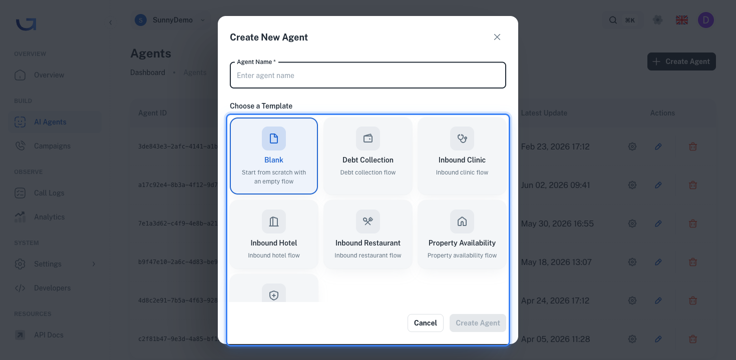 Create Agent dialog with Template options