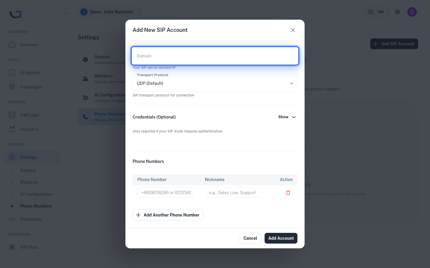 SIP Domain field in dialog