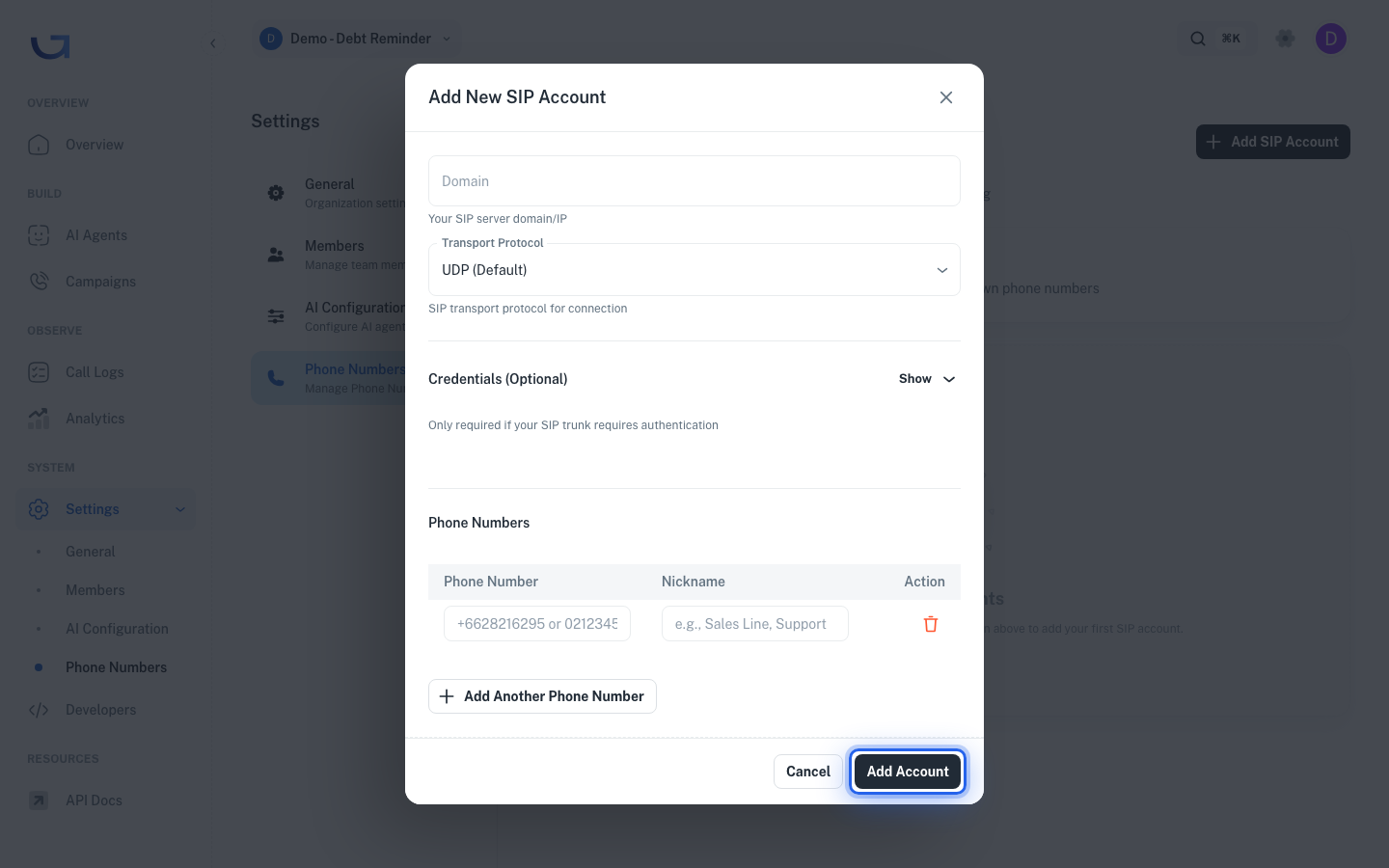 Add Account button to save SIP credentials