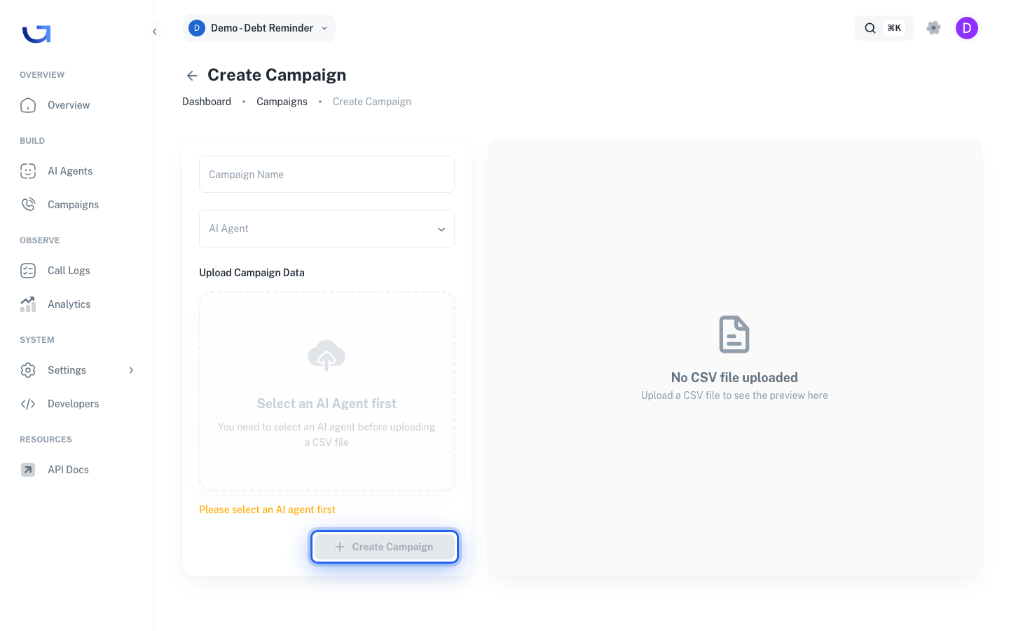 อัปโหลดไฟล์แล้วกด Create Campaign
