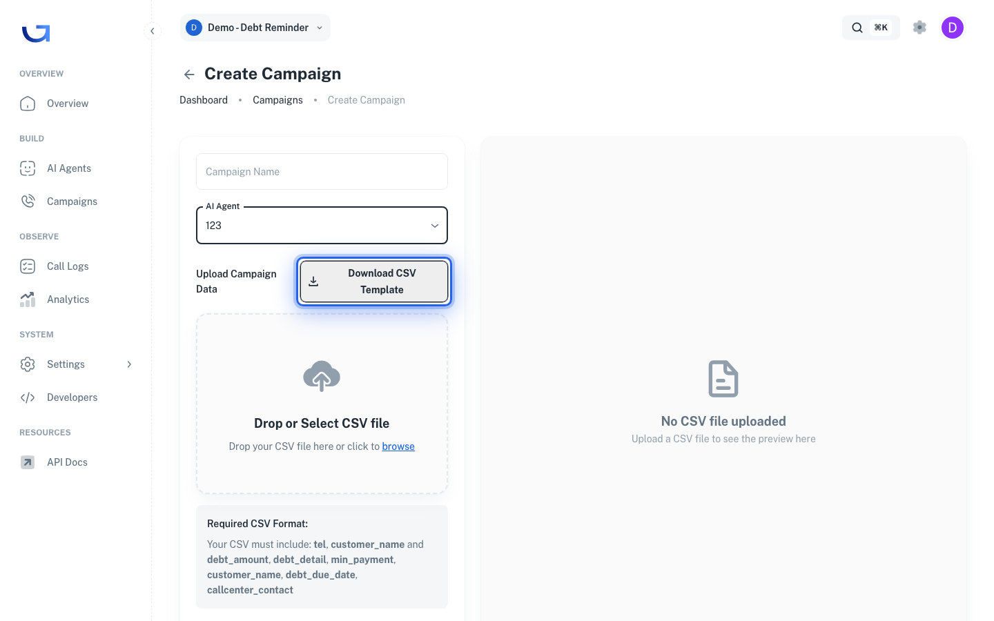 กด Download CSV Template