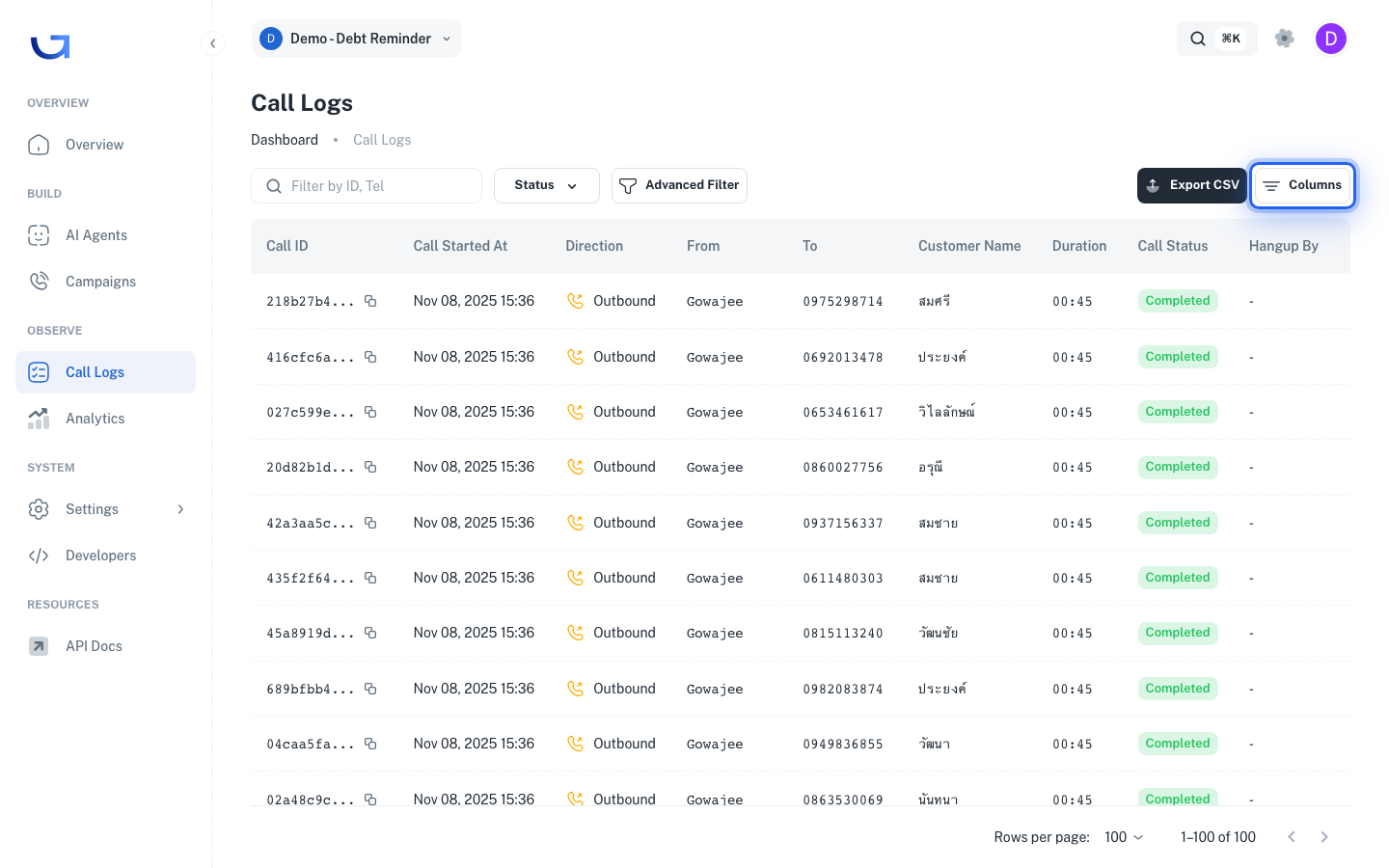 Toggle columns visibility menu in Call Log table
