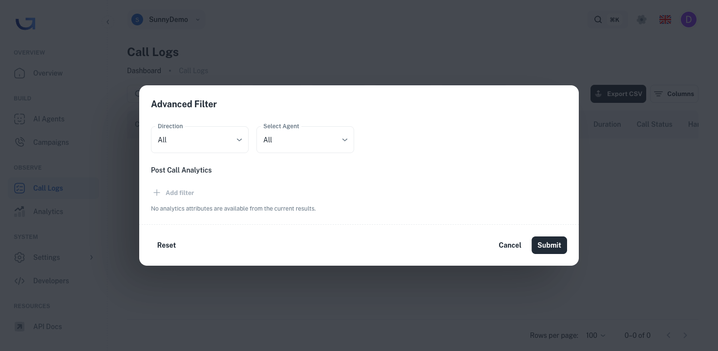Advanced Filter dialog with Direction dropdown, Select Agent dropdown, and Post Call Analytics section