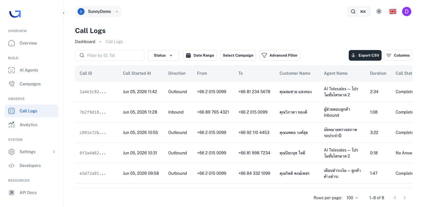 Call Log list anatomy with filters, columns, and export controls