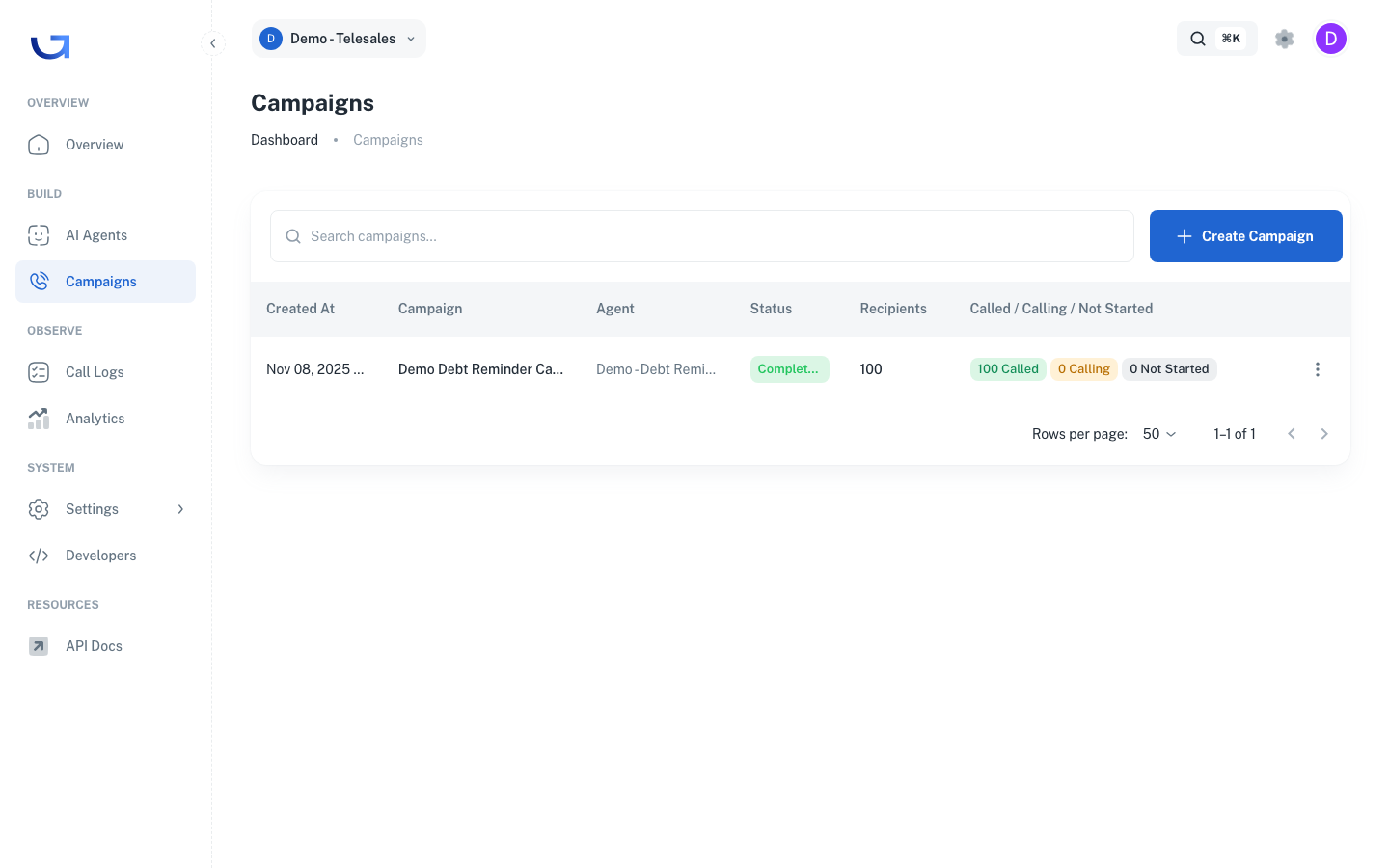Campaign list page anatomy with status, recipients, and actions columns