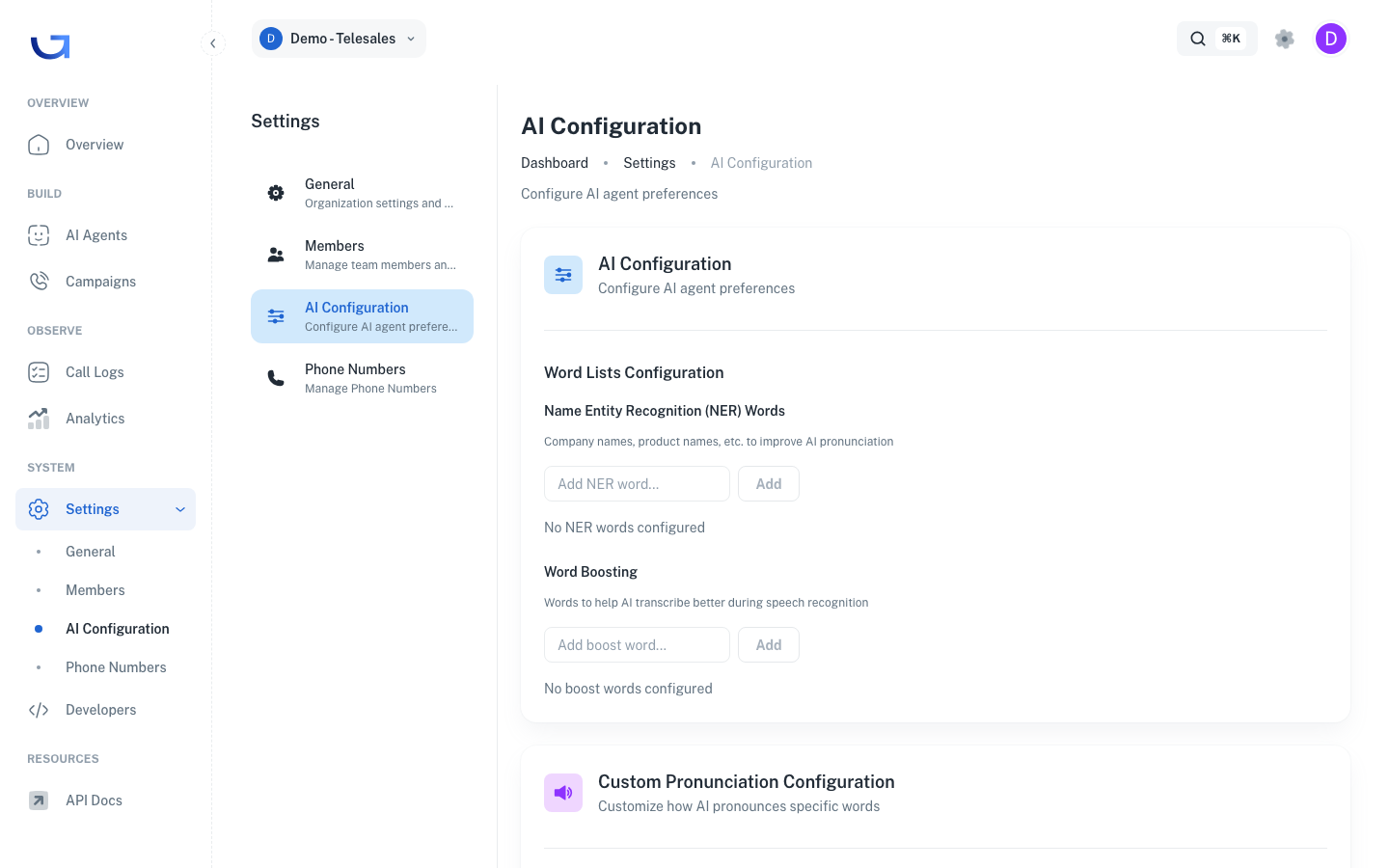AI Configuration page with NER, Word Boosting, and Custom Pronunciation sections