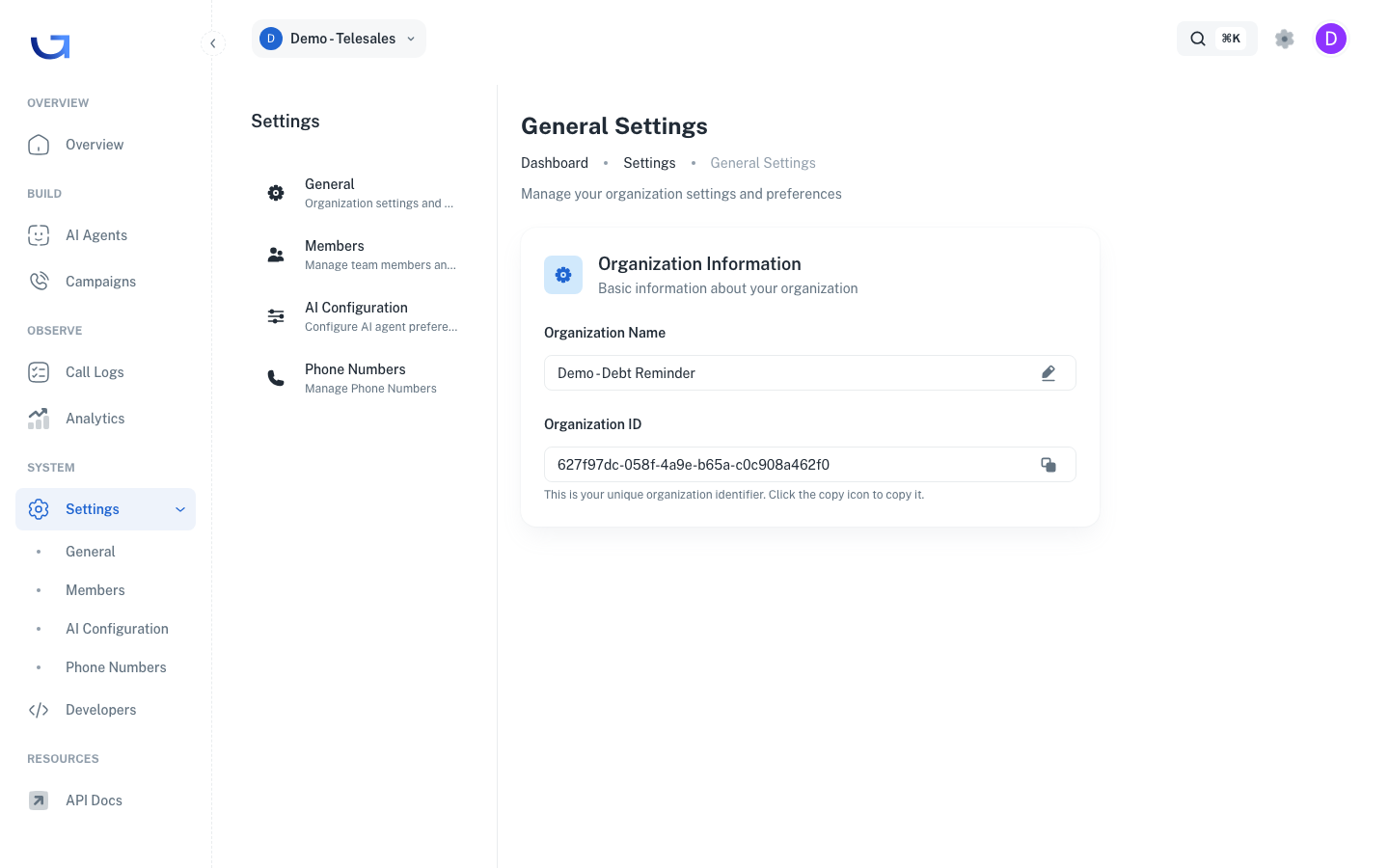 Settings page overview with all tabs